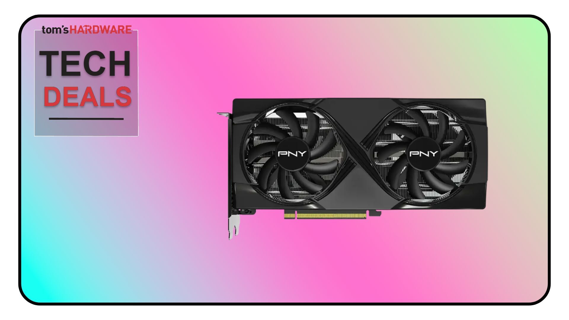 A Tom&#039;s Hardware Tech Deals image depicting a PNY RTX 5060 Ti OC graphics card