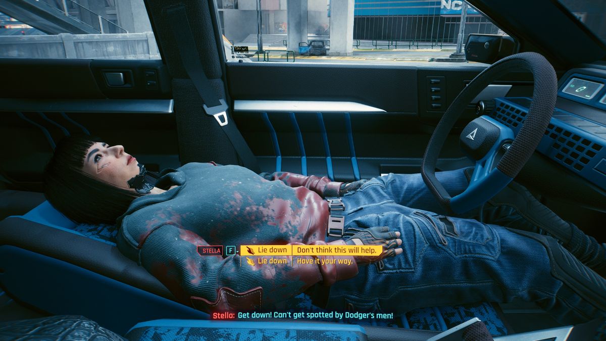 character hiding by leaning carseat all the way back and urging player to do the same