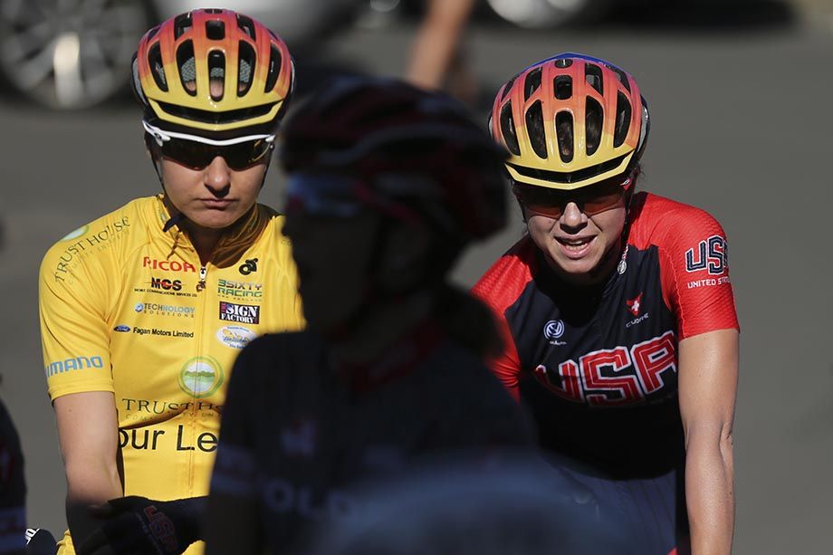 Megan Guarnier and Evelyn Stevens at the start of stage 2