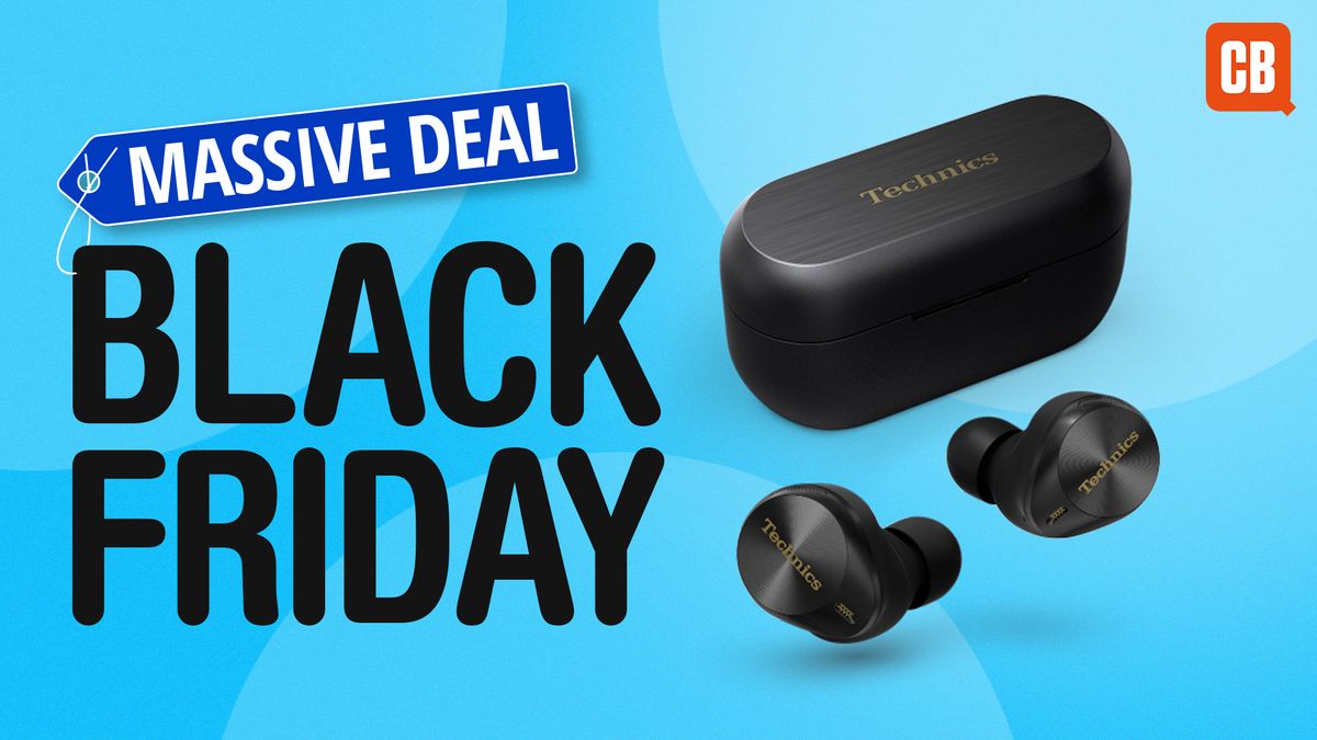 A pair of Technics EAH-AZ80 earbuds on a blue background next to the text &#039;Massive Deal: Black Friday&#039;