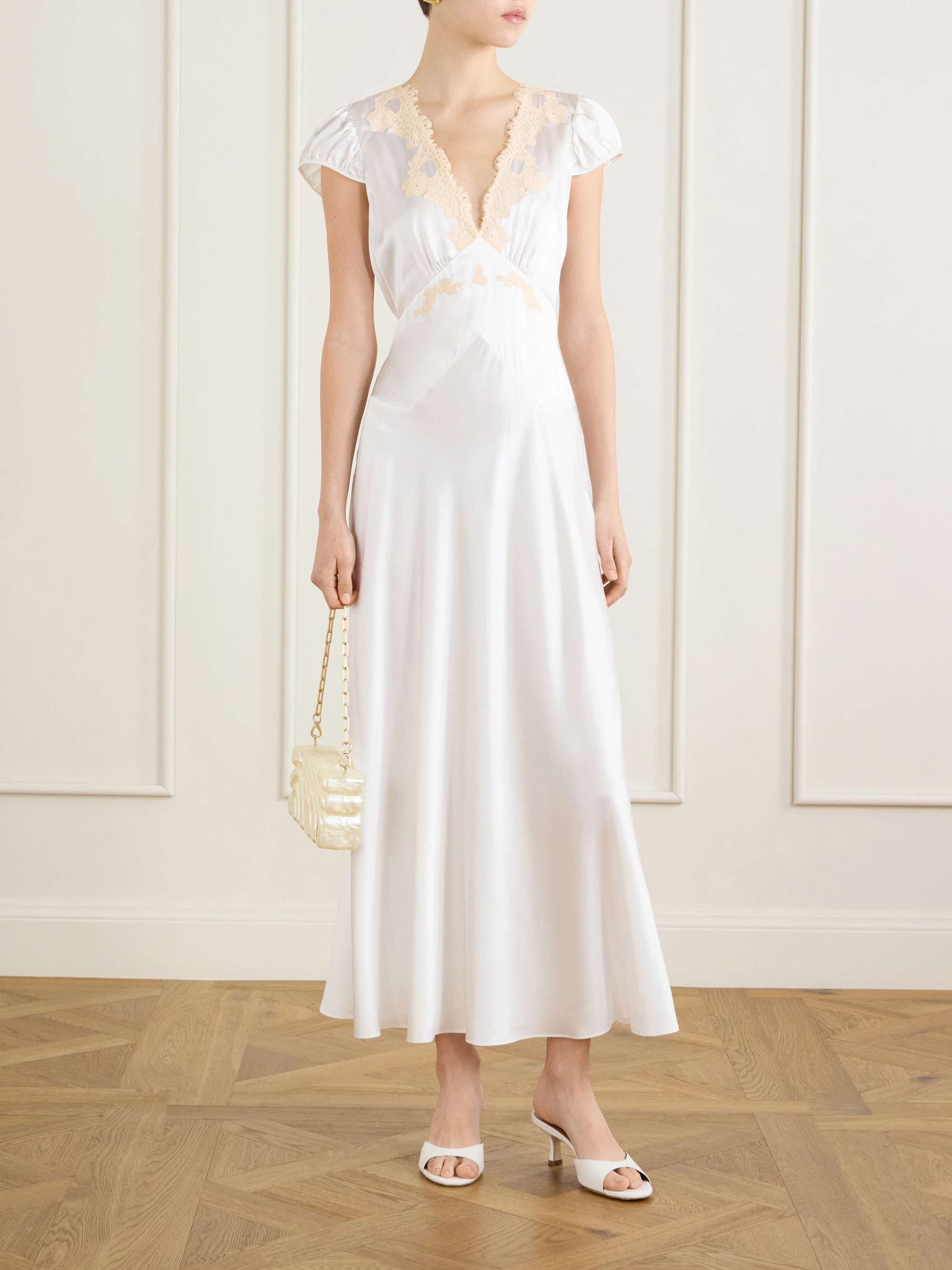 Coraline Corded Lace-Trimmed Silk-Satin Midi Dress