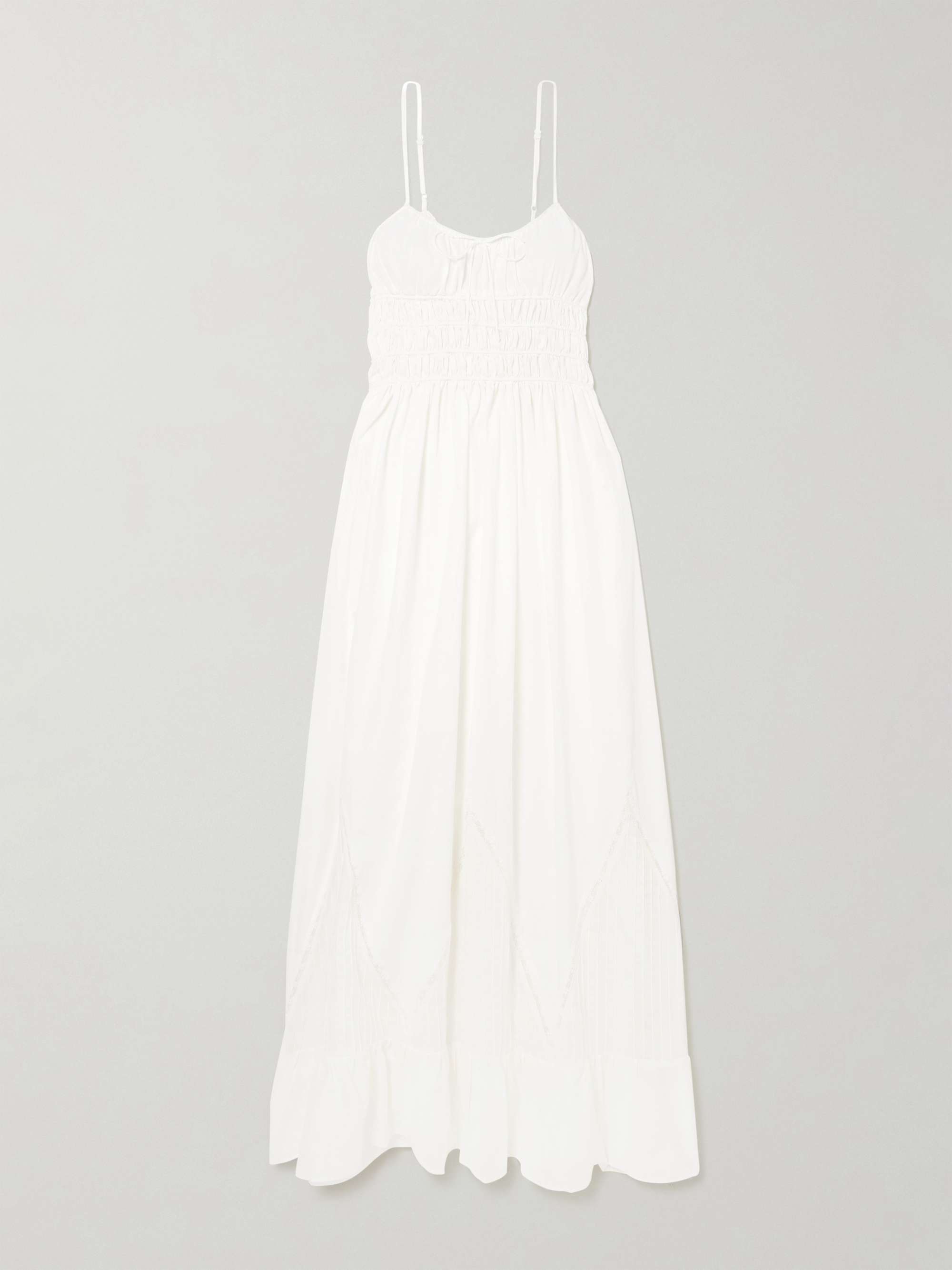Meline Lace-Trimmed Pintucked Shirred Cotton-Voile Maxi Dress