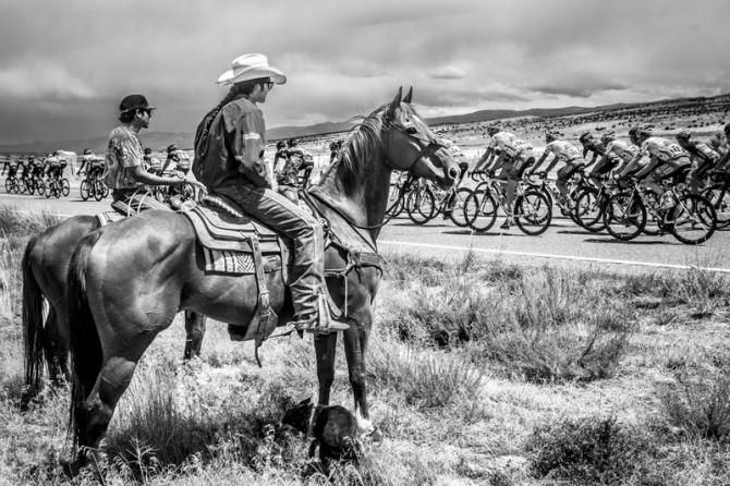 Riders and horses watch as the race goes by.