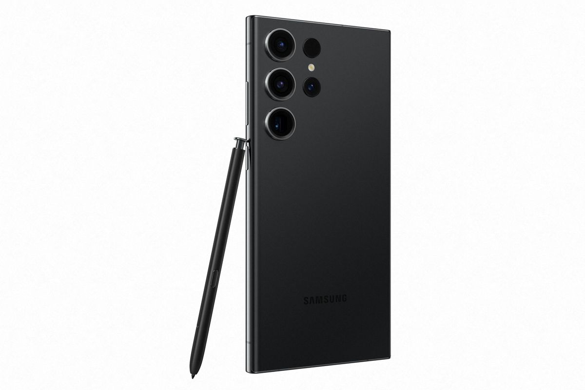 Official press images of the Galaxy S23 Ultra, in Phantom Black from the back, with S Pen stylus