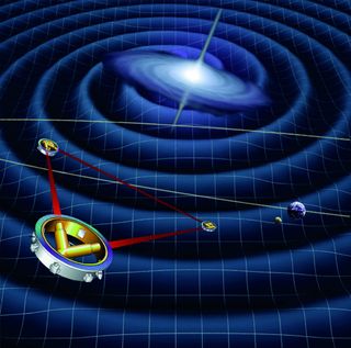 An artist's depiction of the space-based gravitational-wave detector satellites LISA at work.