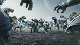 illustration of four futuristic soldiers in silver armor fighting alien soldiers on an exotic planet.