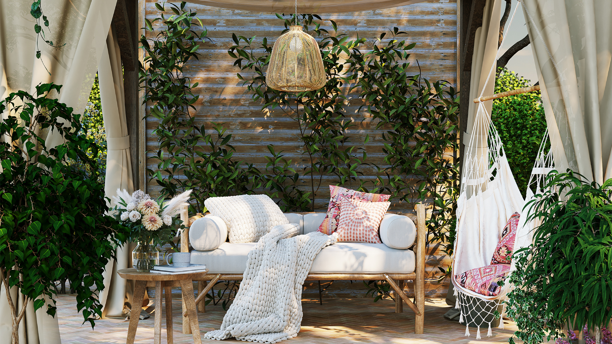 pergola with fabric roof and curtains, seating, hammock, plants in pots, garden pendant lighting
