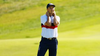 Jordan Spieth of Team United States reacts on the 14th green during the Saturday morning foursomes matches of the 2023 Ryder Cup at Marco Simone Golf Club on September 30, 2023 in Rome, Italy.