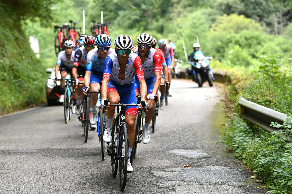 COLLU FANCUAYA SPAIN AUGUST 27 Sbastien Reichenbach of Switzerland and Team Groupama FDJ competes in the breakaway during the 77th Tour of Spain 2022 Stage 8 a 1534km stage from Pola de Laviana to Collu Fancuaya 1084m LaVuelta22 WorldTour on August 27 2022 in Collu Fancuaya Spain Photo by Justin SetterfieldGetty Images