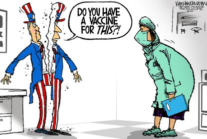 Political Cartoon U.S. Trump capitol riots division vaccine