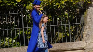 Catherine, Princess of Wales with Princess Charlotte leave after attending the Easter Mattins Service at St George's Chapel at Windsor Castle on April 9, 2023 in Windsor, England. (