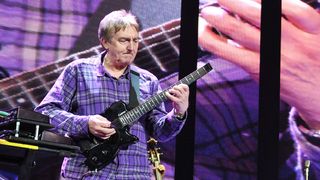 Allan Holdsworth (L) and Kurt Rosenwinkel perform on stage during the 2013 Crossroads Guitar Festival at Madison Square Garden on April 12, 2013 in New York City.