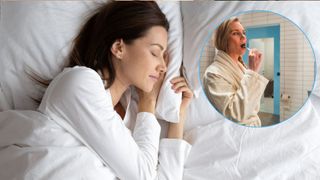 The image shows a dark haired woman wearing white pyjamas sleeping on her side on a white pillow and with a white duvet pulled under her arms. Insert, there is an image of a woman wearing a white robe cleaning her teeth while looking into a bathroom mirror.