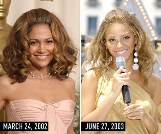 J.Lo (2002) & Beyonce (2003) with big hair with brushed-back bangs, a neutral dress, and frosty pink lipstick