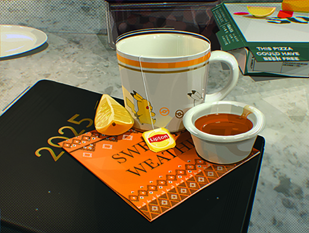 Realistic digital artwork showing a cup of tea beside a piece of lemon and a dish with honey