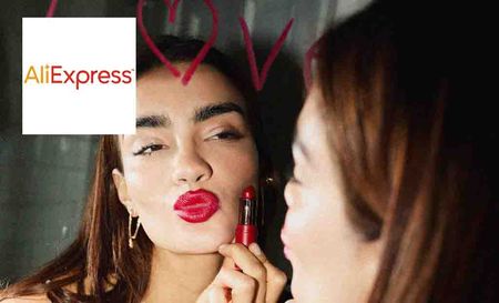 Ali Express logo placed over a woman putting red lipstick on in the mirror