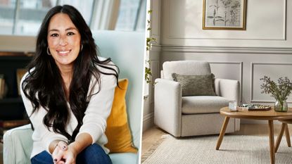 A split image showing Joanna Gaines and some of the new Hearth & Hand spring collection at Target