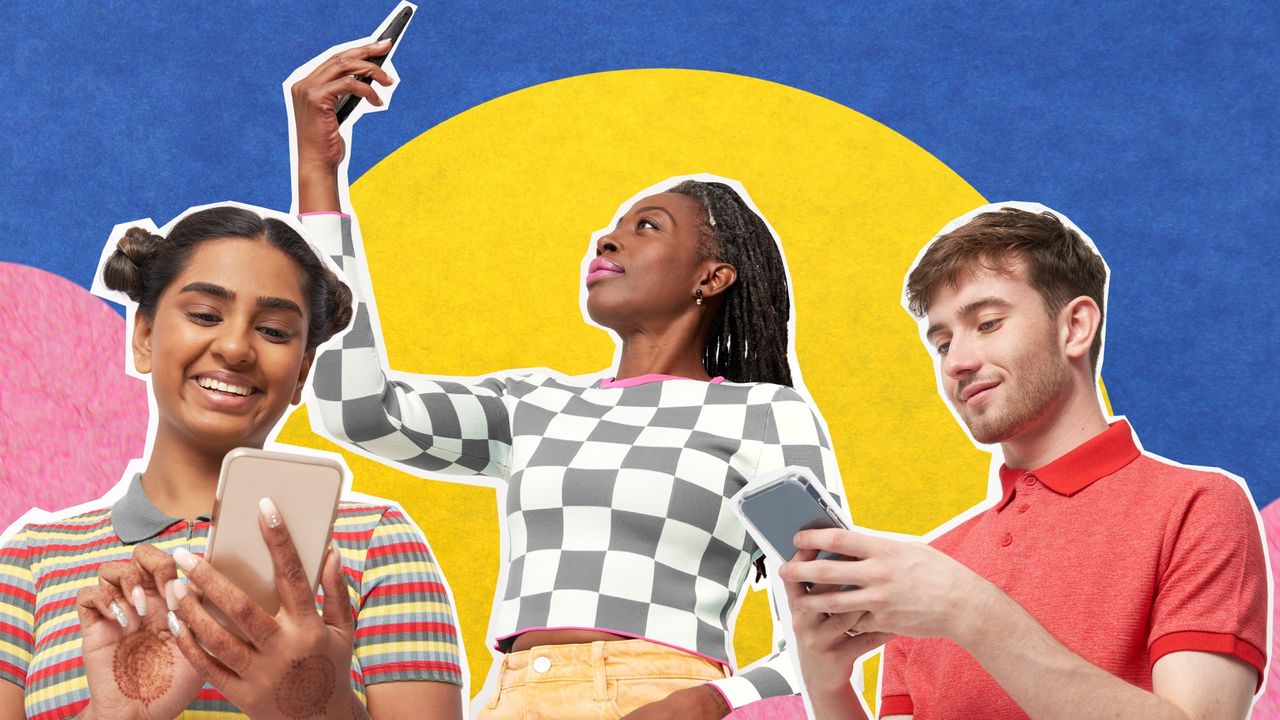 Composition of three people looking at their phones on a graphic background 