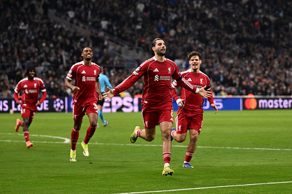 Dominik Szoboszlai of Liverpool celebrates scoring his team's first goal during the UEFA Champions League 2025/26 League Phase MD7 match between Olympique de Marseille and Liverpool FC at Stade de Marseille on January 21, 2026 in Marseille, France.