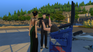 A Sim dumpster diving while two other Sims chat