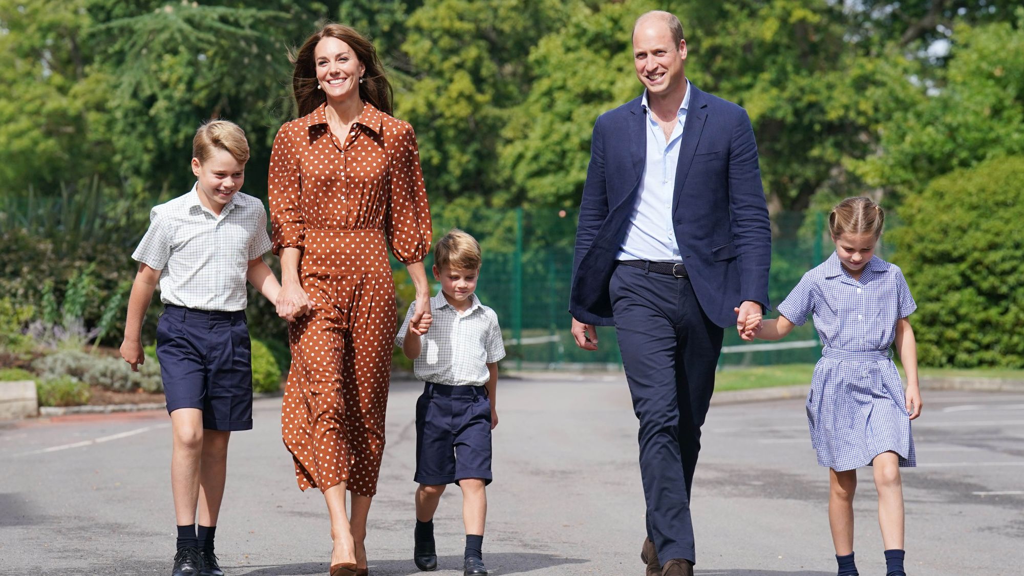 The Prince and Princess of Wales arrive at Lambrook School with their children, Prince George, Princess Charlotte and Prince Louis in 2022
