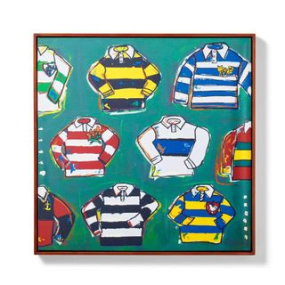 wall art with small rugby shirts painted on green background