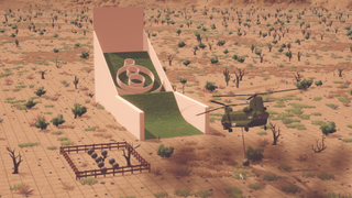 A Chinook helicopter carries a boulder on a winch toward a giant Skee Ball target in the desert. Yes, this is a weird image. 