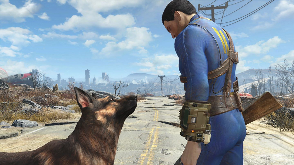 Character wearing a Vault uniform facing their dog against the backdrop of a long road