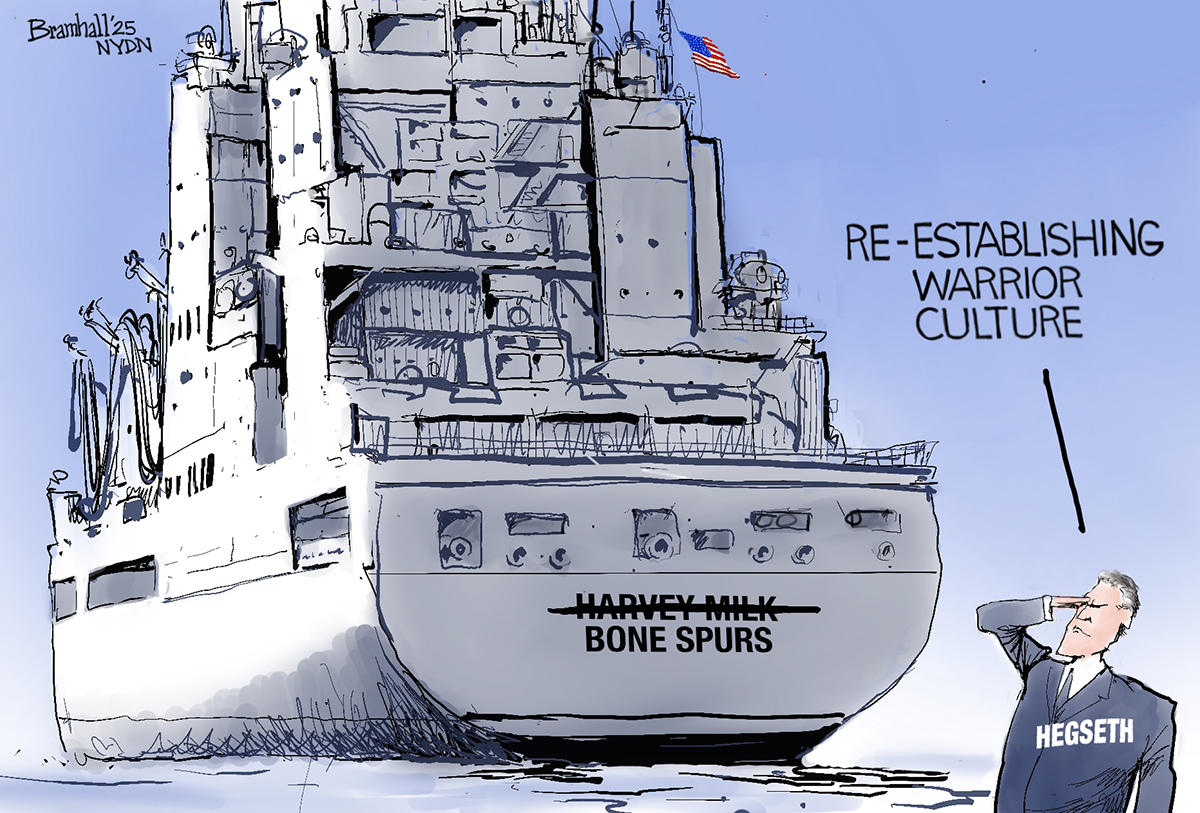This political cartoon is dominated by the image of an imposing American battleship. On the rear of the ship, the name “Harvey Milk” has been crossed out and replaced with “Bone Spurs.” Pete Hegseth is at right, saluting, while he says “Re-establishing warrior culture.”