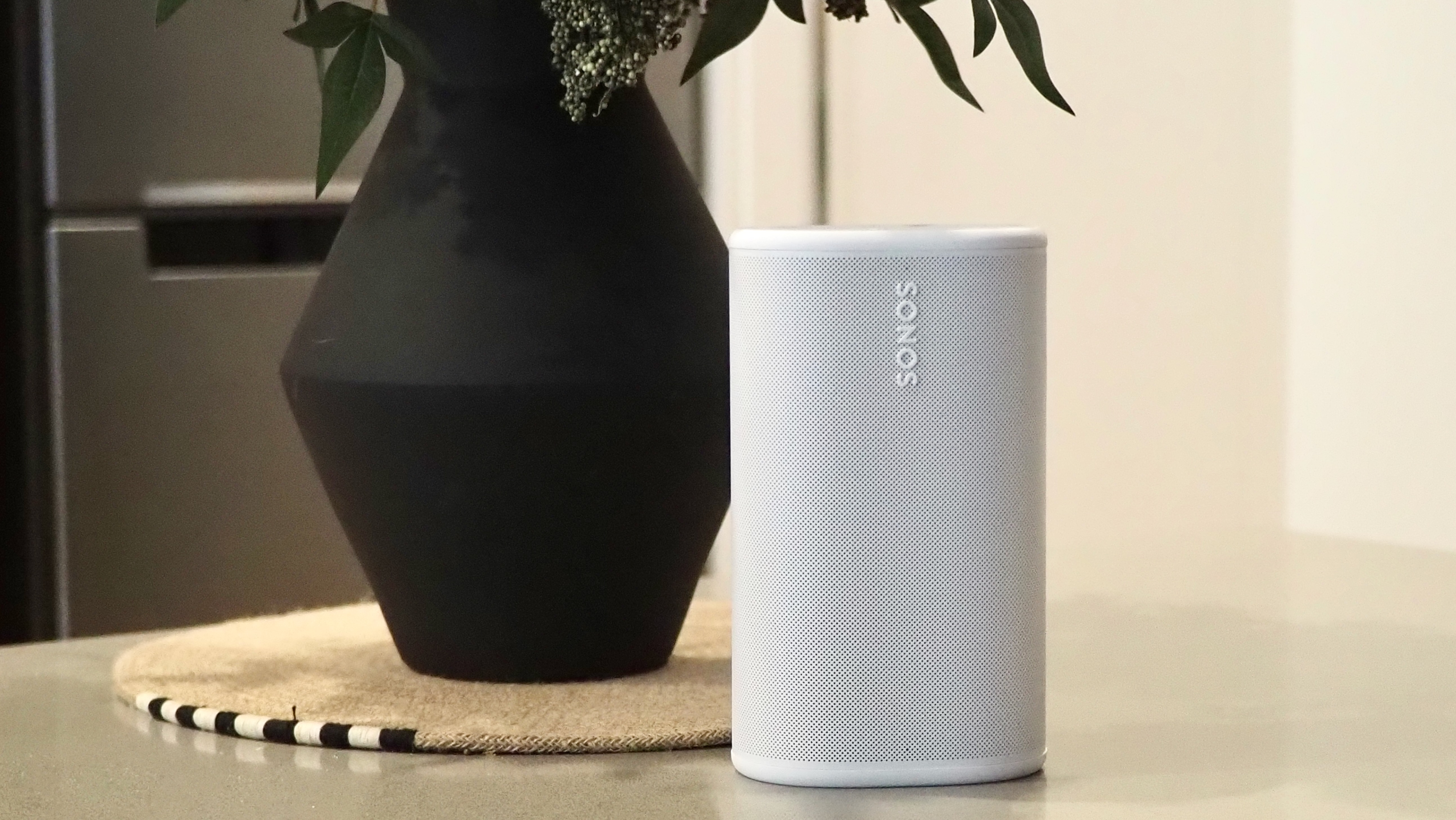 Sonos Play speaker next to a black vase