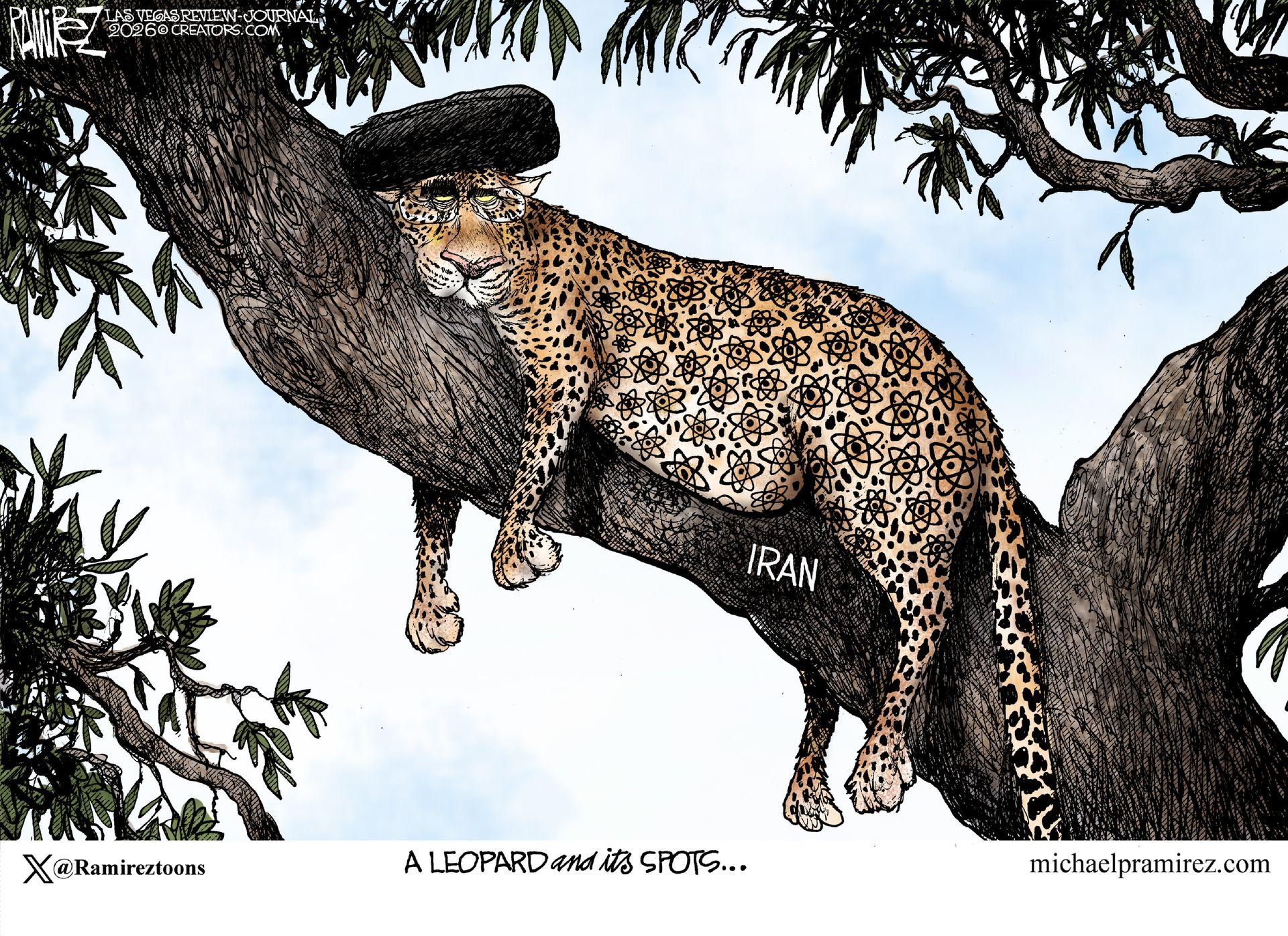 
                                A leopard with nuclear symbols instead of spots sits in a tree labeled “IRAN”. The cartoon is titled, “A leopard and its spots…”
                            