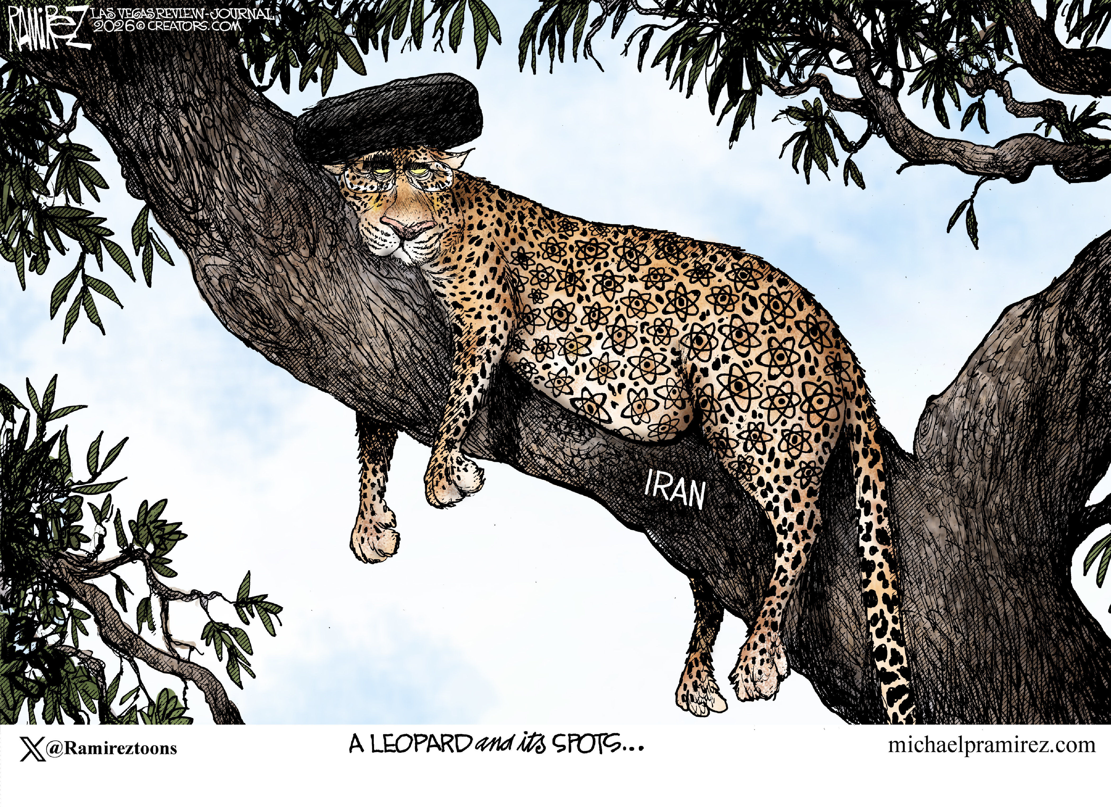 A leopard with nuclear symbols instead of spots sits in a tree labeled &amp;ldquo;IRAN&amp;rdquo;. The cartoon is titled, &amp;ldquo;A leopard and its spots&amp;hellip;&amp;rdquo;
