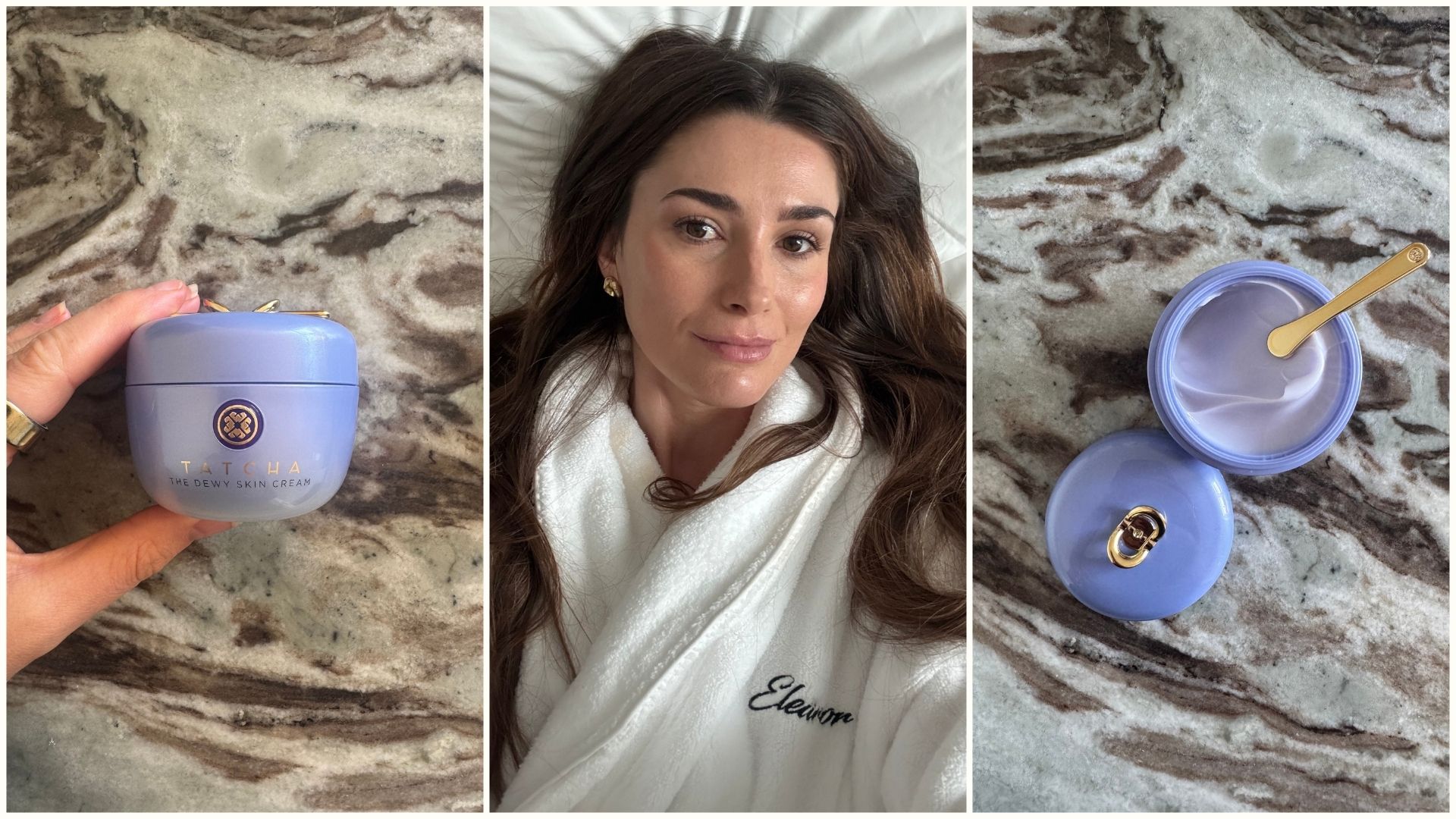 A collage featuring the tatcha dewy skin cream and a selfie of beauty editor Eleanor Vousden