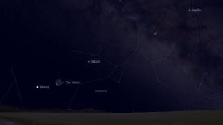 Venus will be in conjunction with the moon on Saturday, March 2, at 4:29 p.m. EST (2129 GMT). It will be below the horizon for skywatchers in the U.S. at that time, but it will appear close to the moon before sunrise. Look for them above the southeast horizon; the moon will be in the constellation Sagittarius, and Venus will be to its left in the constellation Capricornus. 