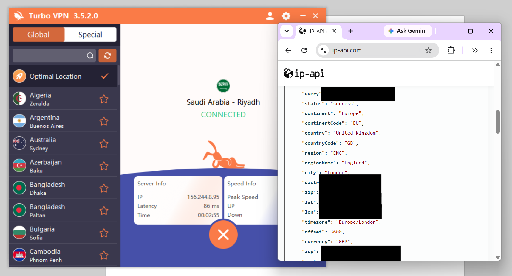 Split screen showing IP leaks with Turbo VPN connected
