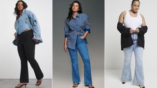 Three models wearing plus size boot cut jeans shot in a studio