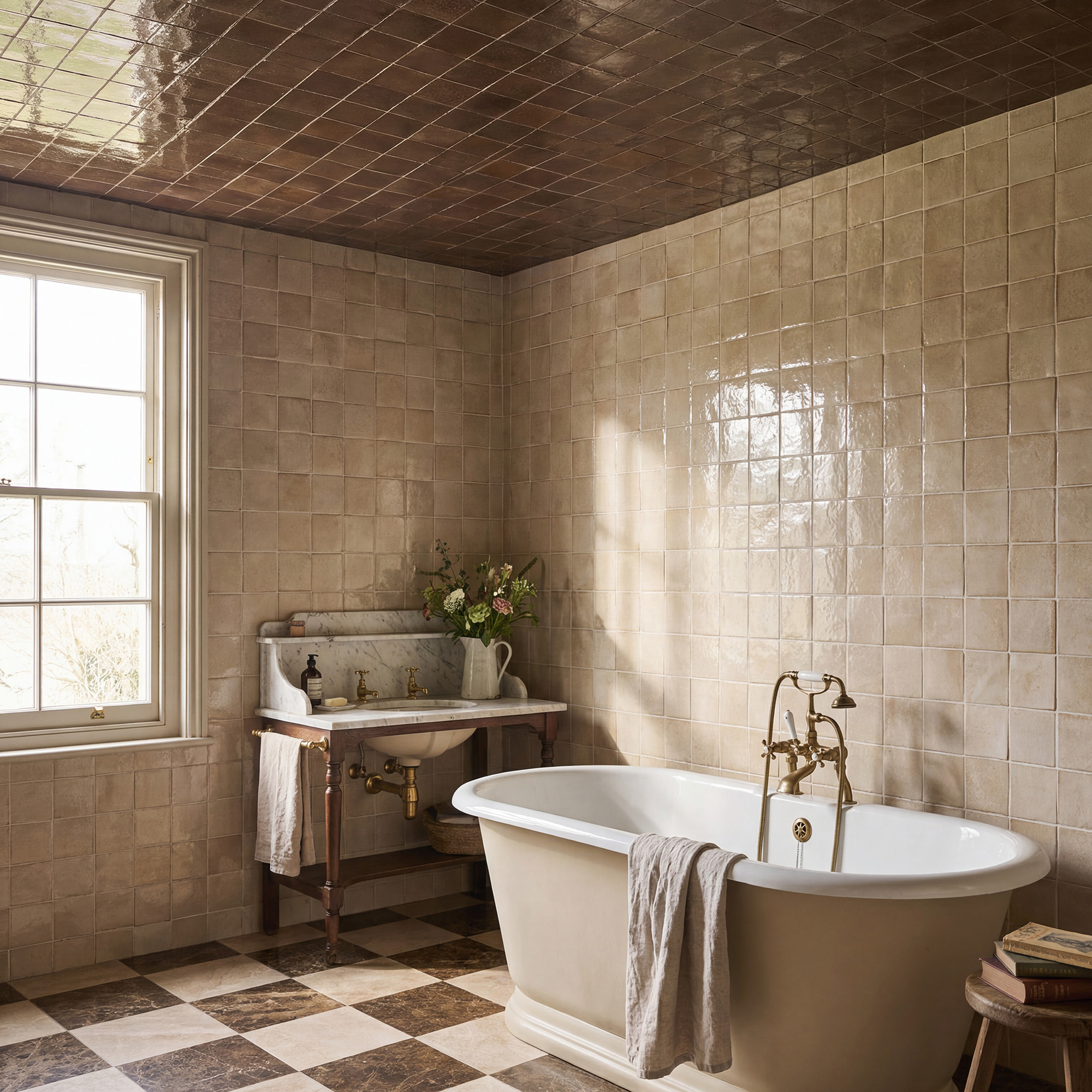 Tiled bathroom with tiled ceiling in beige