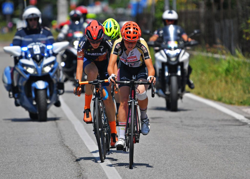 MONTE MATAJUR ITALY JULY 10 Asia Zontone of Italy and Team Servetto Makhymo Beltrami TSA Giorgia Vettorello of Italy and Team Top Girls Fassa Bortolo in the Breakaway during the 32nd Giro dItalia Internazionale Femminile 2021 Stage 9 a 1226km stage from FelettoUmberto to Monte Matajur 1267m GiroDonne UCIWWT on July 10 2021 in Monte Matajur Italy Photo by Luc ClaessenGetty Images