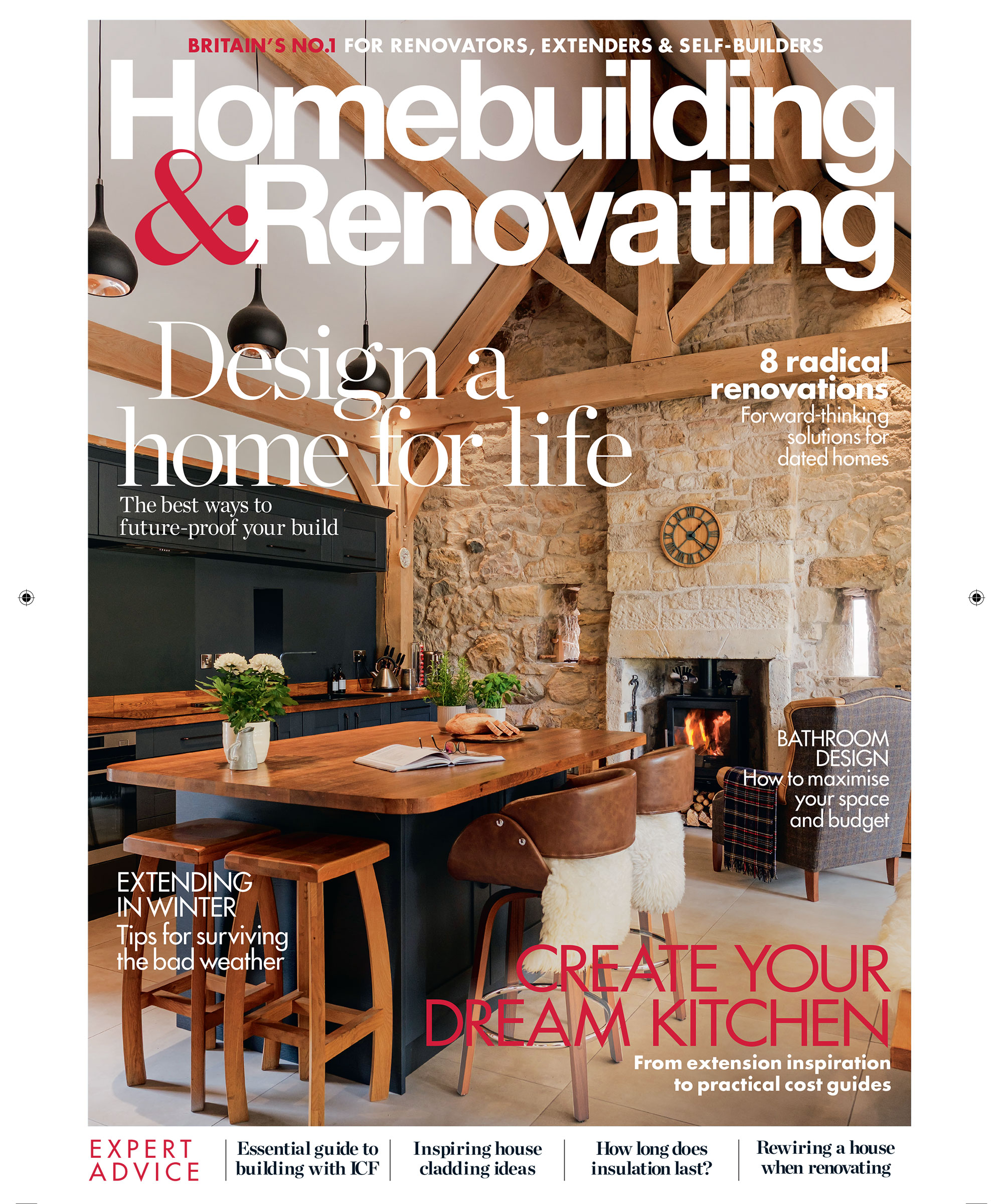 front cover of the December 2025 issue of Homebuilding &amp;amp; Renovating magazine showing a dark blue kitchen in a traditional oak frame home with exposed timber beams