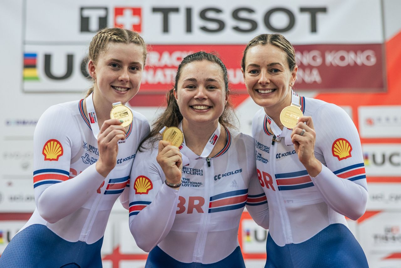 Team GB women&#039;s sprint squad of Emma Finucane, Sophie Capewell and Katy Marchant