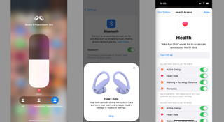 Beats Powerbeats Pro 2, three screengrabs on iPhone to show ANC, heart-rate and spatial audio features
