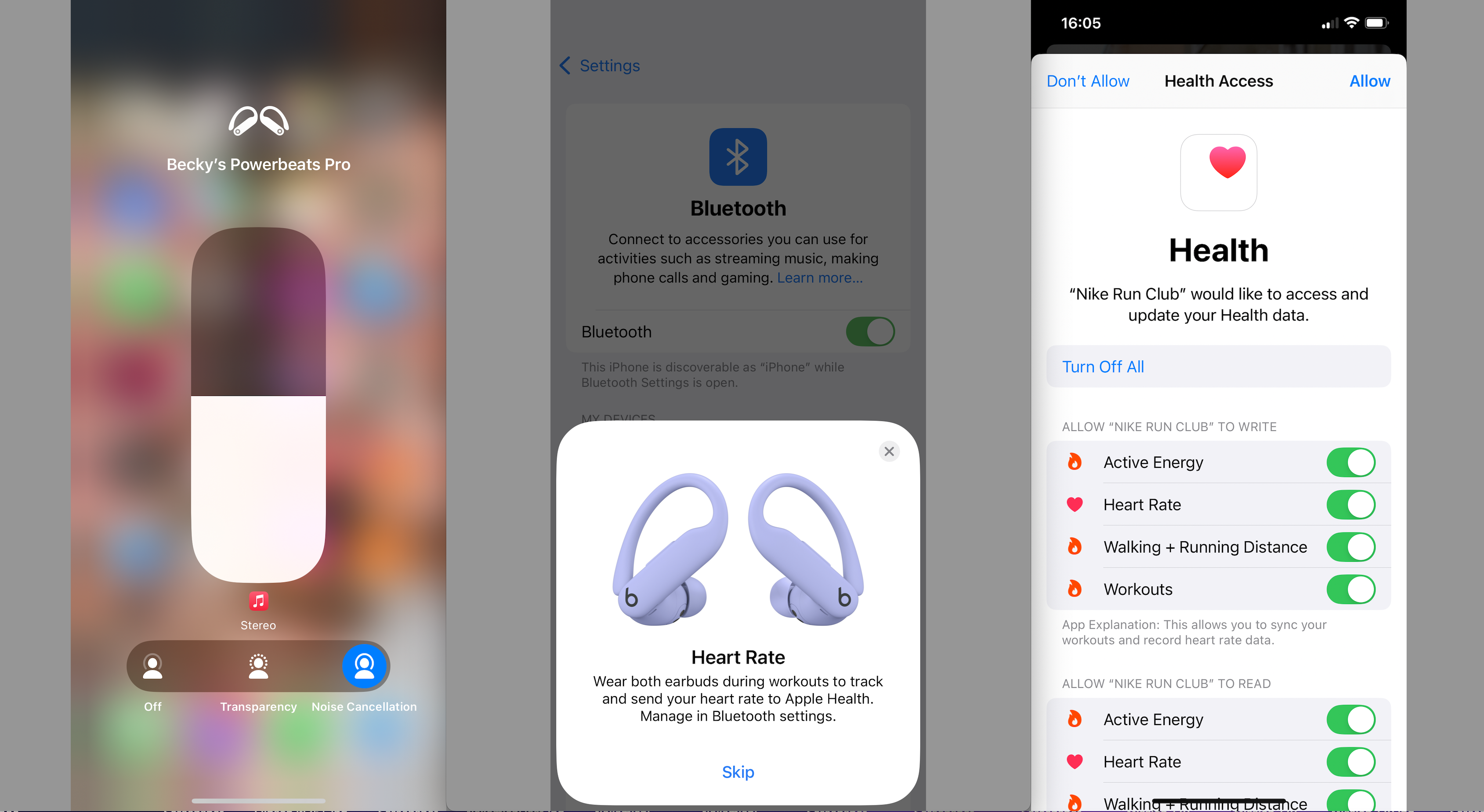 Beats Powerbeats Pro 2, three screengrabs on iPhone to show ANC, heart-rate and spatial audio features