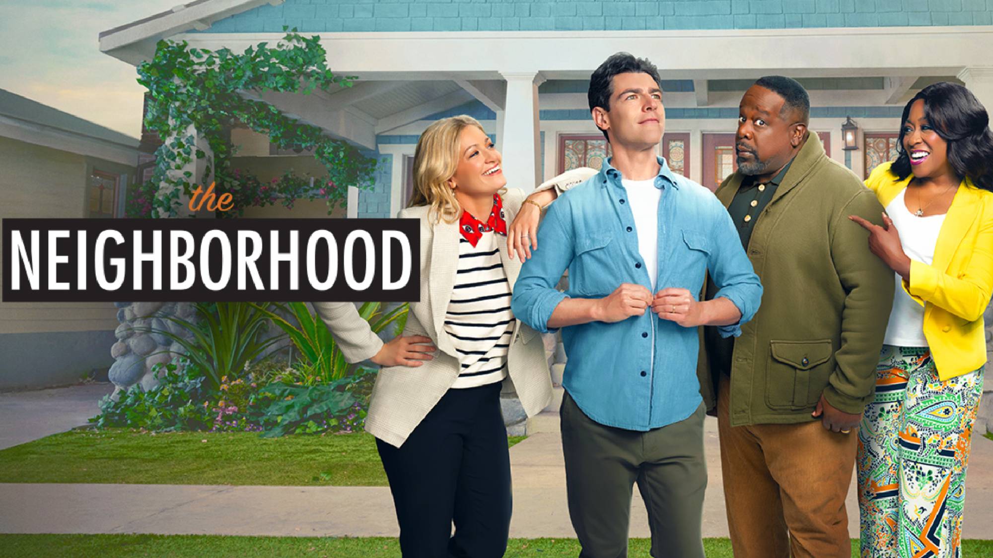 The Neighborhood season 7 show art featuring cast members Beth Behrs, Max Greenfield, Cedric the Entertainer, and Tichina Arnold from left to right.