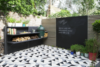 a chalkboard wall set into fences in a small garden