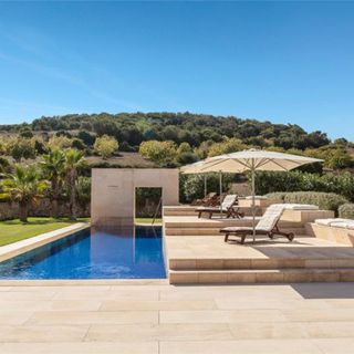 swimming pool with grass lawn and green trees