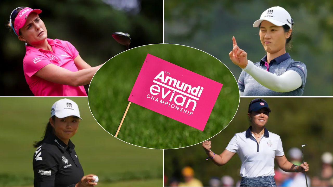 Four female golfers and an Evian Championship flag