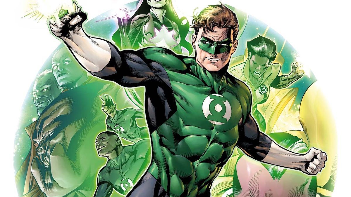 DC Comics artwork of Hal Jordan surrounded by other important Green Lantern characters