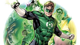 DC Comics artwork of Hal Jordan surrounded by other important Green Lantern characters