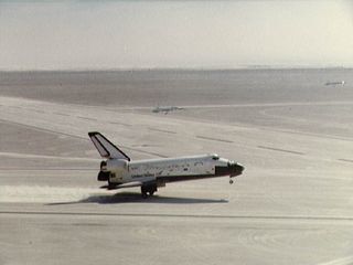 Space shuttle Columbia approaches Northrup Strip at White Sands Space Harbor in New Mexico, bringing an end to the STS-3 mission March 30, 1982.