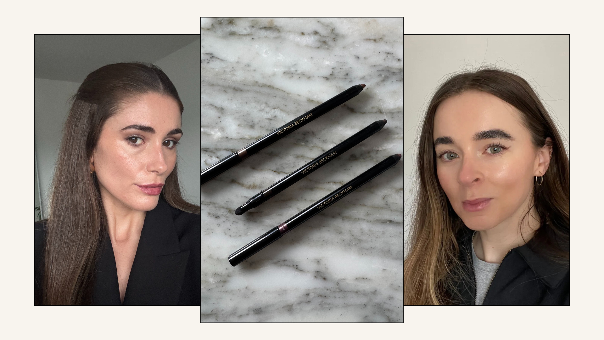 A hero graphic with editor selfies testing brown eyeliners and a picture of brown eyeliners on a marble table